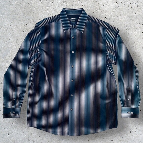 CLAIBORNE Men’s Button Up Shirt Long Sleeve Striped Blue Grey Black Large - Picture 1 of 11